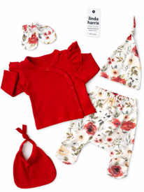 Ensemble Naissance Bébé Fille 5 Pièces Rouge & Floral