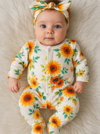 Pyjama Naissance Bébé Motif Tournesol avec Bandeau