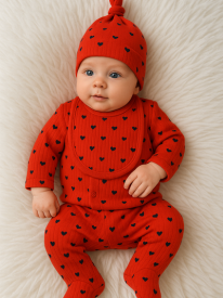 Ensemble Naissance Bébé 5 Pièces Motif Cœurs Rouges