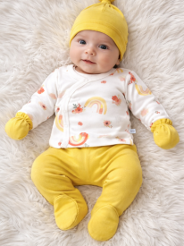 Ensemble Naissance Bébé 5 Pièces Motif Arc-en-Ciel & Fleurs – Jaune Moutarde