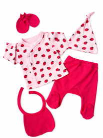 Ensemble Naissance Bébé Fille 5 Pièces Motif Fraise Rose