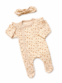 Pyjama Naissance Bébé Fille Motif Floral Beige avec Bandeau