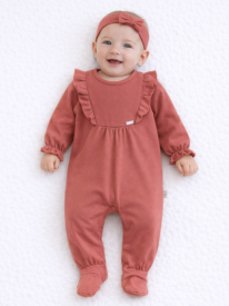 Ensemble Bébé 2 Pièces – Pyjama Volanté & Bandeau Nœud Terracotta