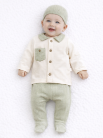 Ensemble Bébé 4 Pièces – Maille Texturée Vert Sauge & Style Rétro