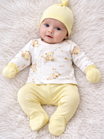 Ensemble Naissance Bébé 5 Pièces Motif Ourson Jaune