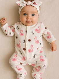Pyjama Naissance Bébé Fille Motif Cygne avec Bandeau